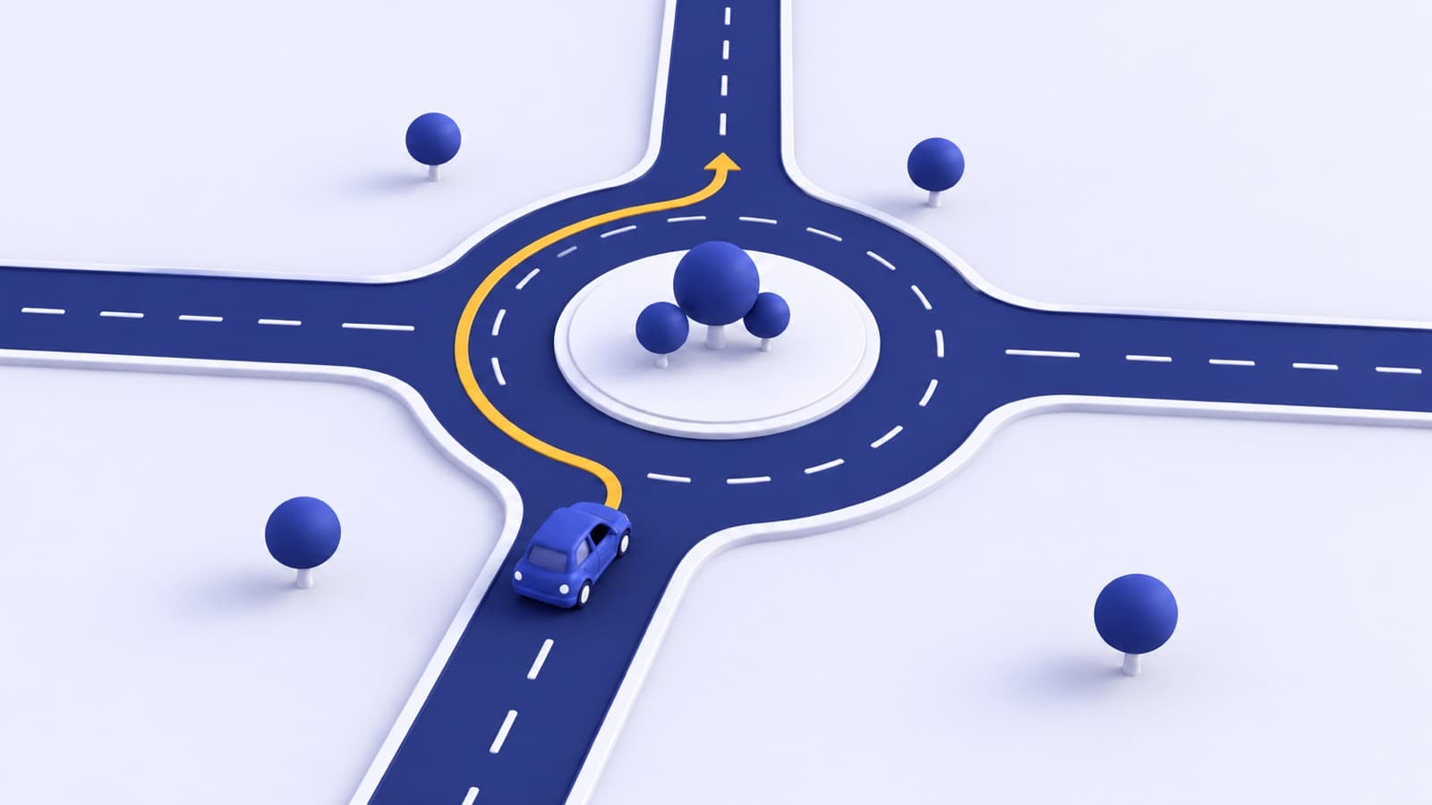 A small car approaching a roundabout, with a gold line showing its route