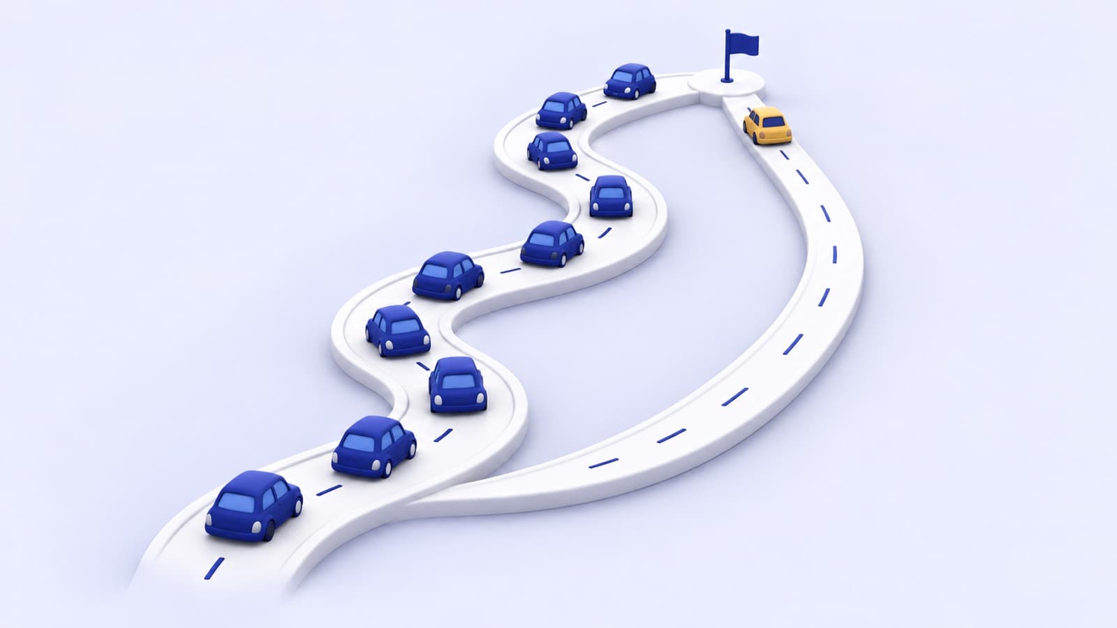 A long queue of cobalt cars on a winding road, and one gold car taking a shorter road to the flag