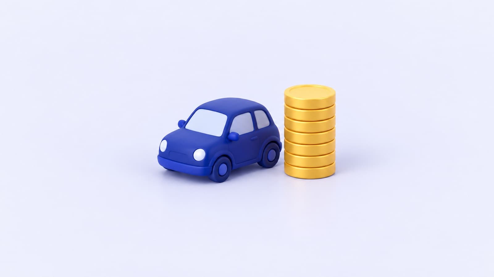 A small cobalt car beside a stack of gold coins