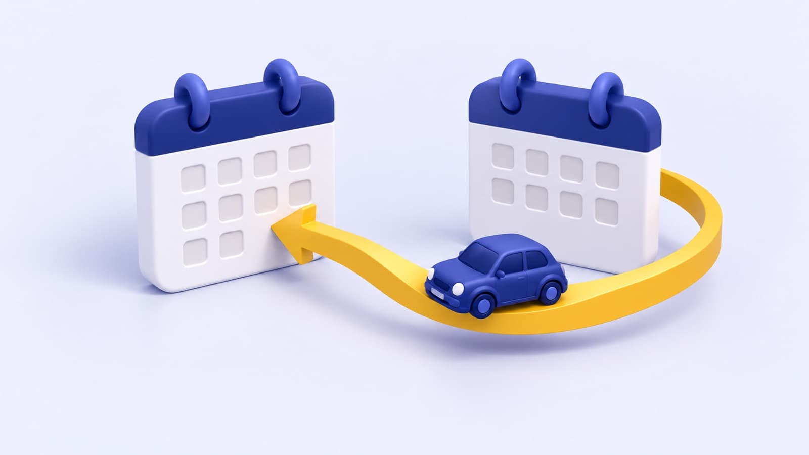 Two calendars joined by a gold arrow, with a small car driving along it