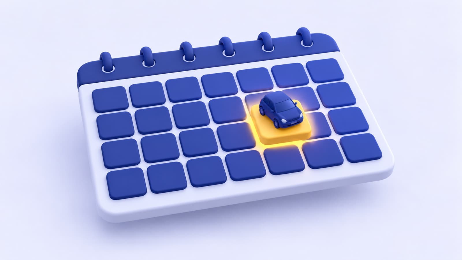 A cobalt calendar with one gold day lifted out of the grid and a small car parked on it