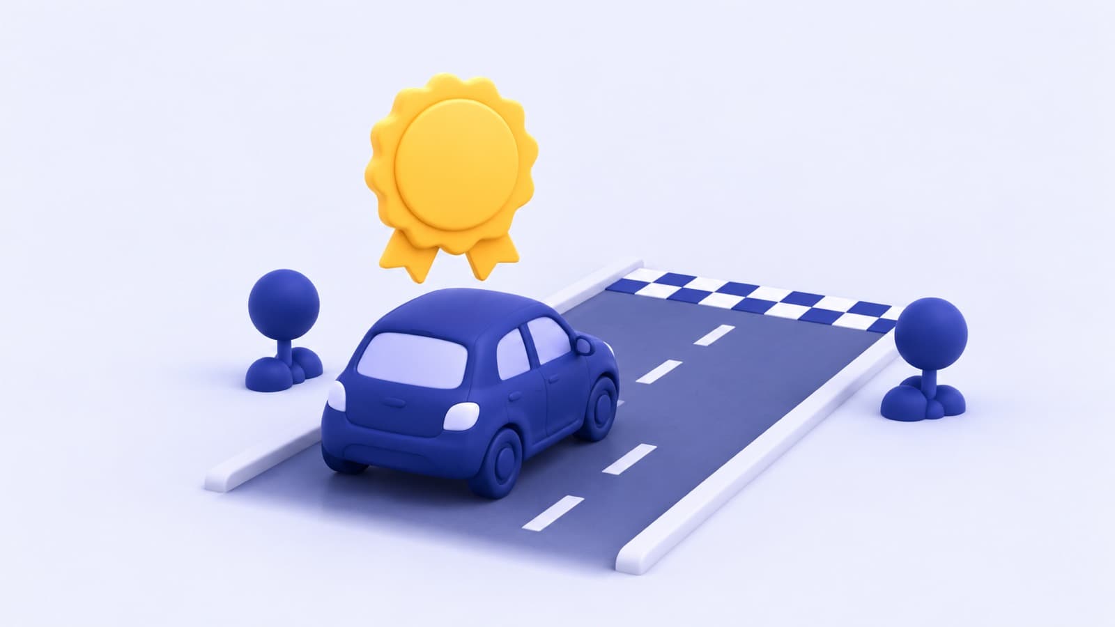 A small car on a road towards a chequered finish line, with a gold rosette above it